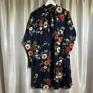 Red and Blue Long Sleeve Bishop Sleeve Dress